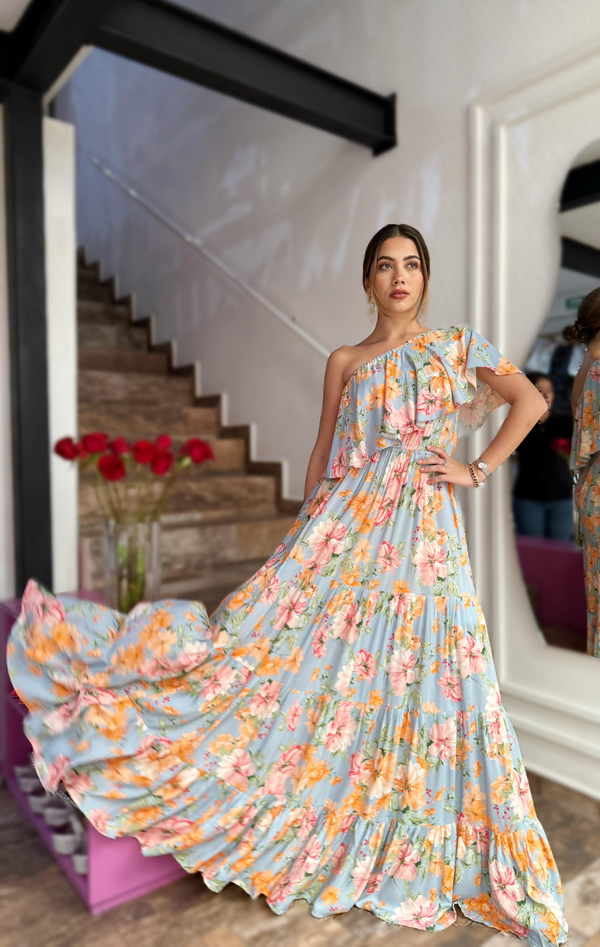 Maxi vestido un hombro floral