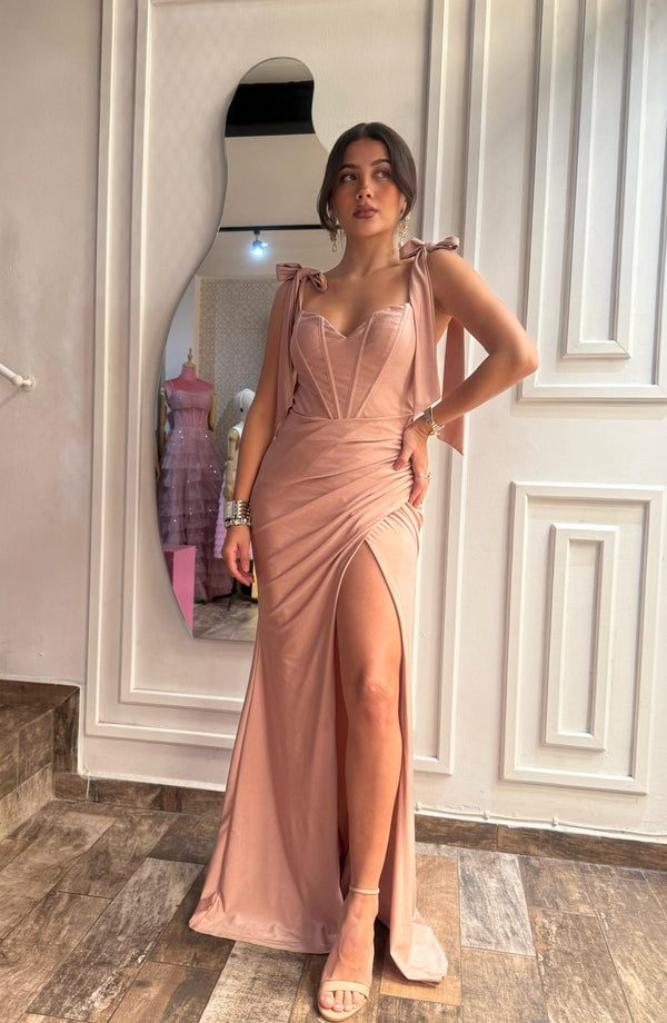Vestido largo strech rosa palo