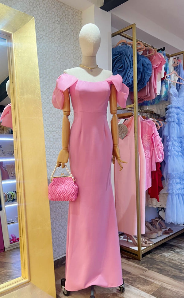 Vestido largo strech off shoulder moños/Rosado