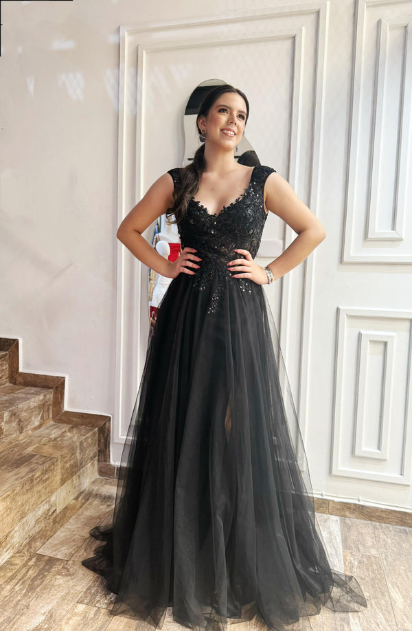 Vestido largo de tul bordado/Negro