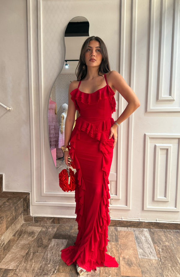 Vestido largo de tirantes olanes shifon/Rojo