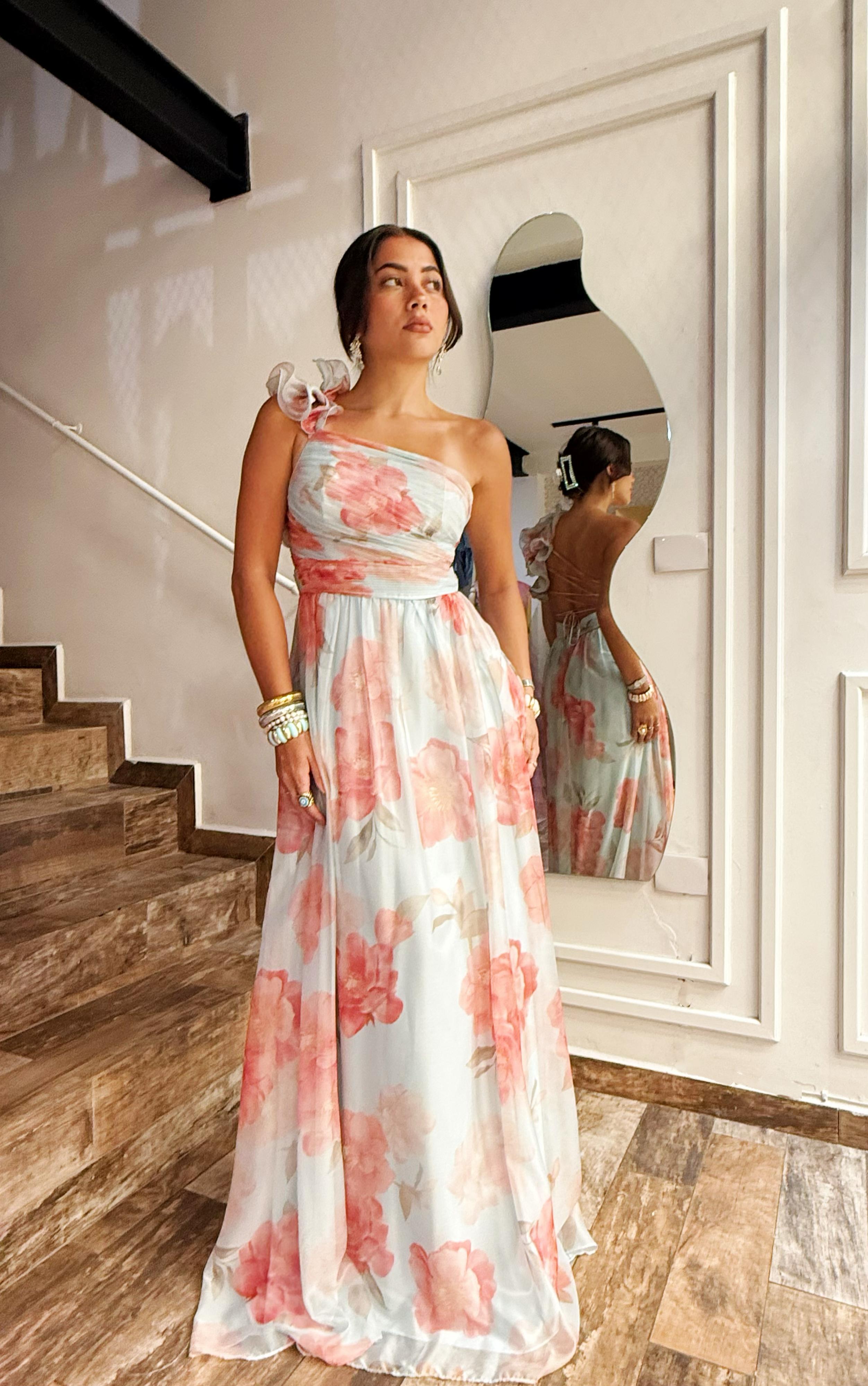 Vestido largo organza un hombro/Azul Floral