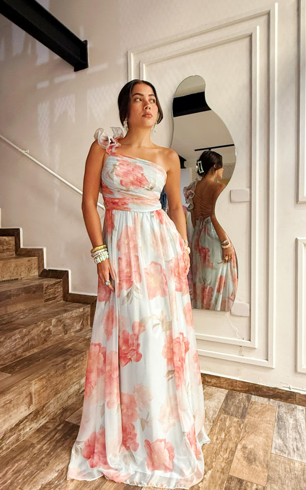 Vestido largo organza un hombro/Azul Floral