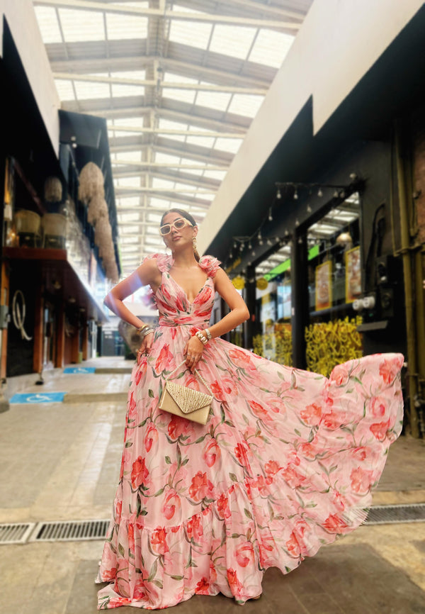 Vestido largo organza floreado