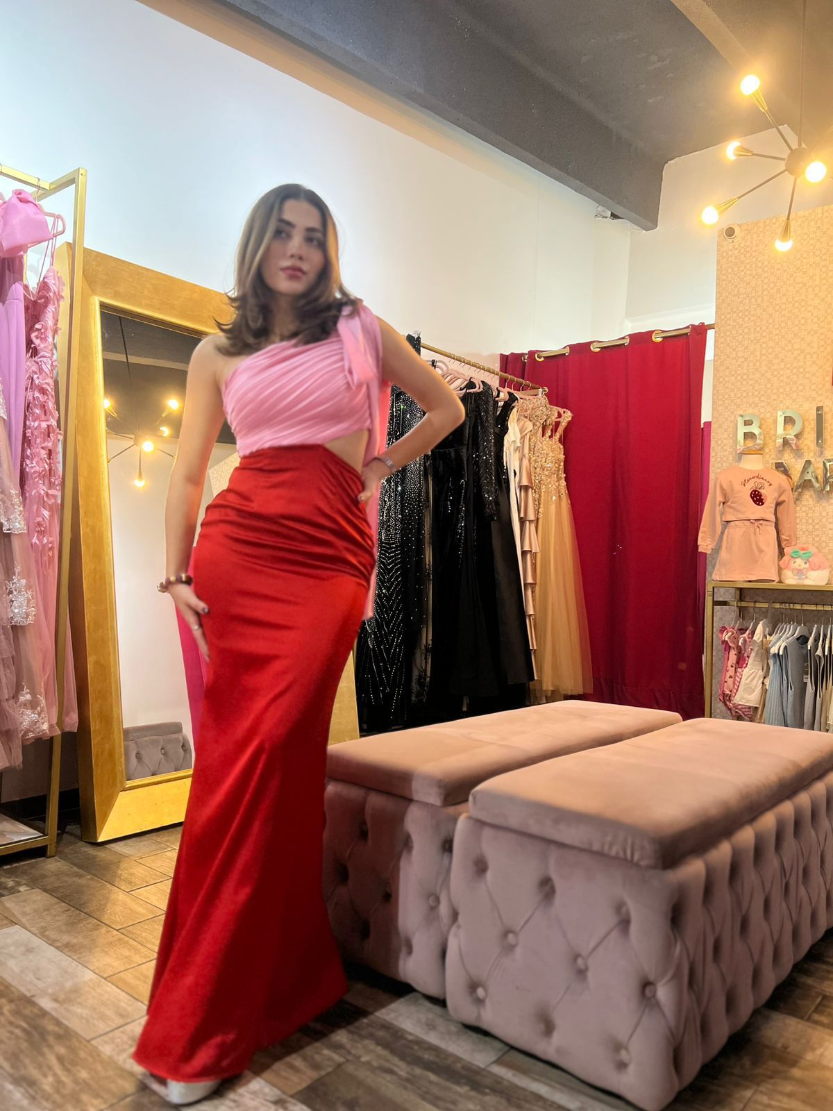Vestido de noche bitono corte sirena/Rosa con Rojo