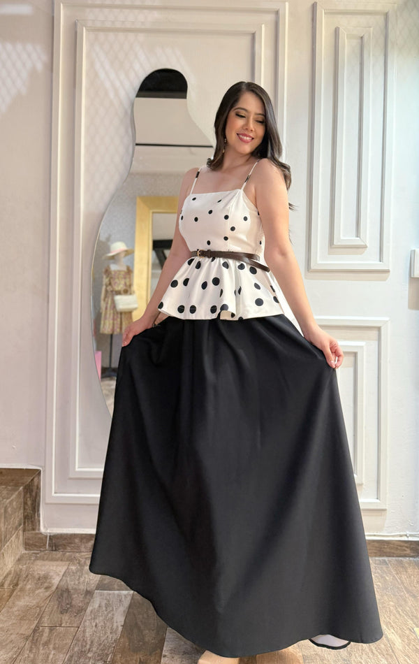 SET DE FALDA TABLONES BLUSA Y CINTURON/BLANCO NEGRO