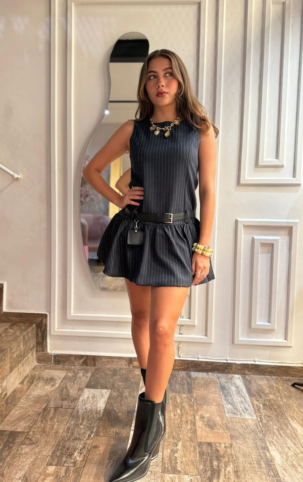 Vestido de rayas corto sin mangas con cinturon en cadera/Azul Marino