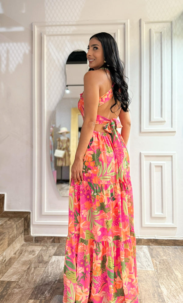 Vestido largo floreado maxi escote de espalda