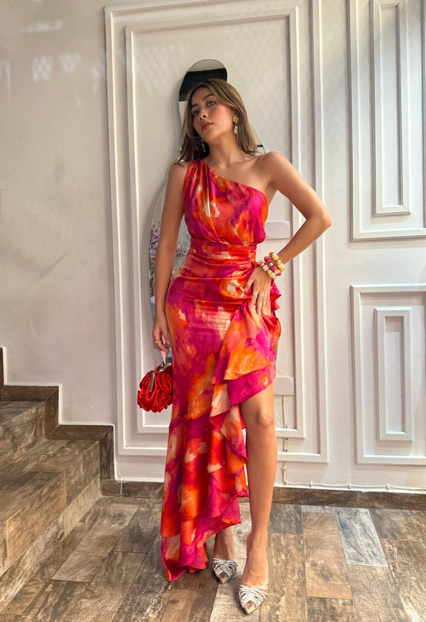 Vestido de Satin un hombro con arandela y abertura/Naranja Fucsia