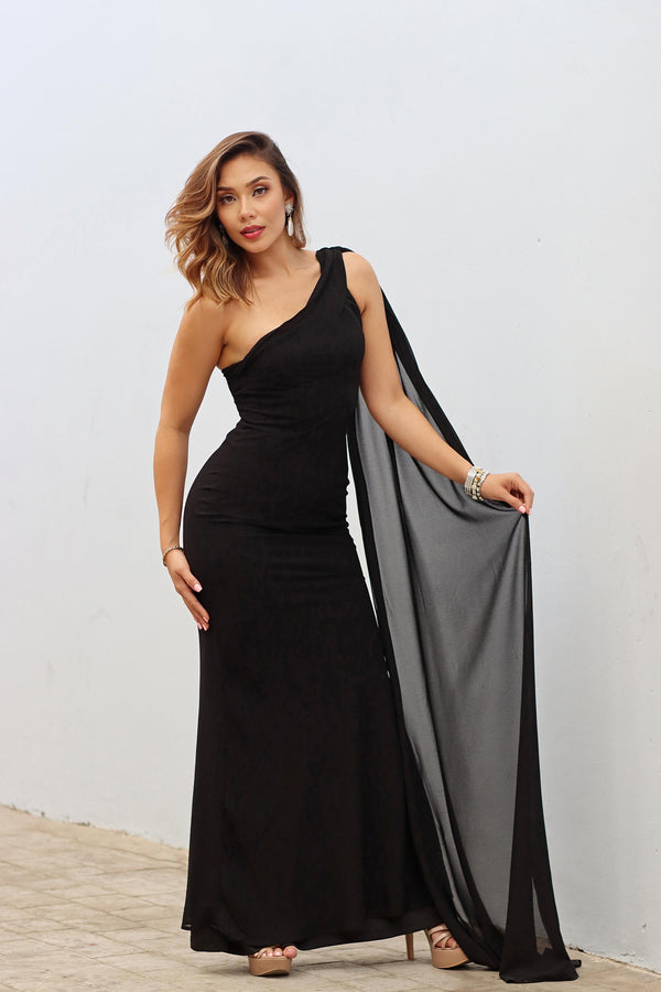 Vestido de noche Shifon un hombro con solapa/Negro