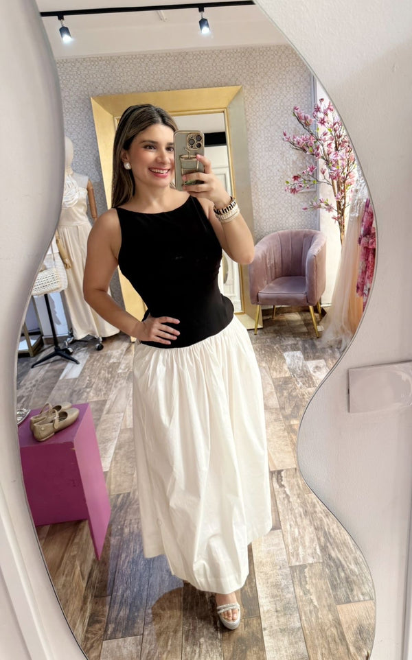 Vestido Casual Blanco con Negro