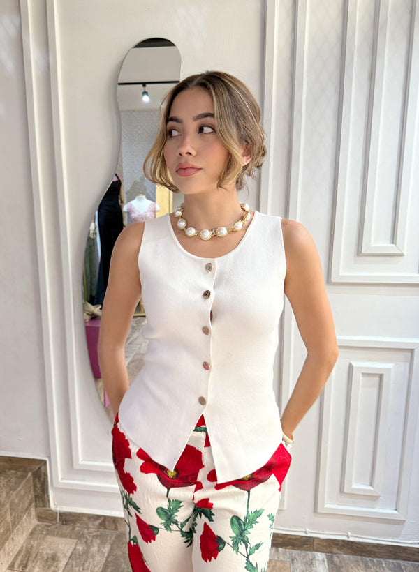 Blusa tejido de punto con botones dorados/Blanco
