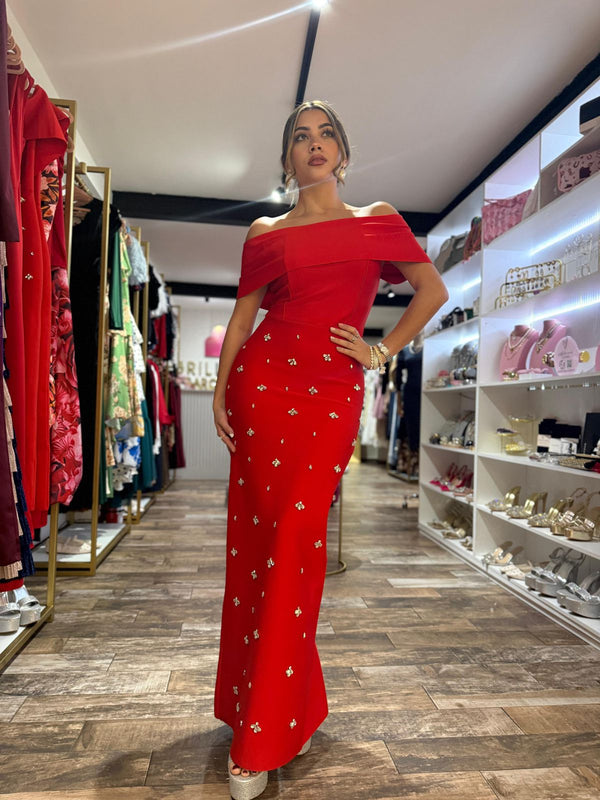 VESTIDO BANDAGE OFFSHOULDER PEDRERIA/ROJO