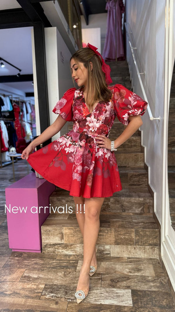 Vestido corto estampado flores/ ROJO