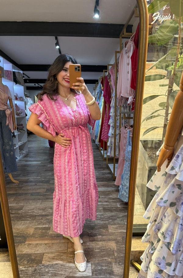 VESTIDO TELA BORDADA CON RESORTE/ROSADO